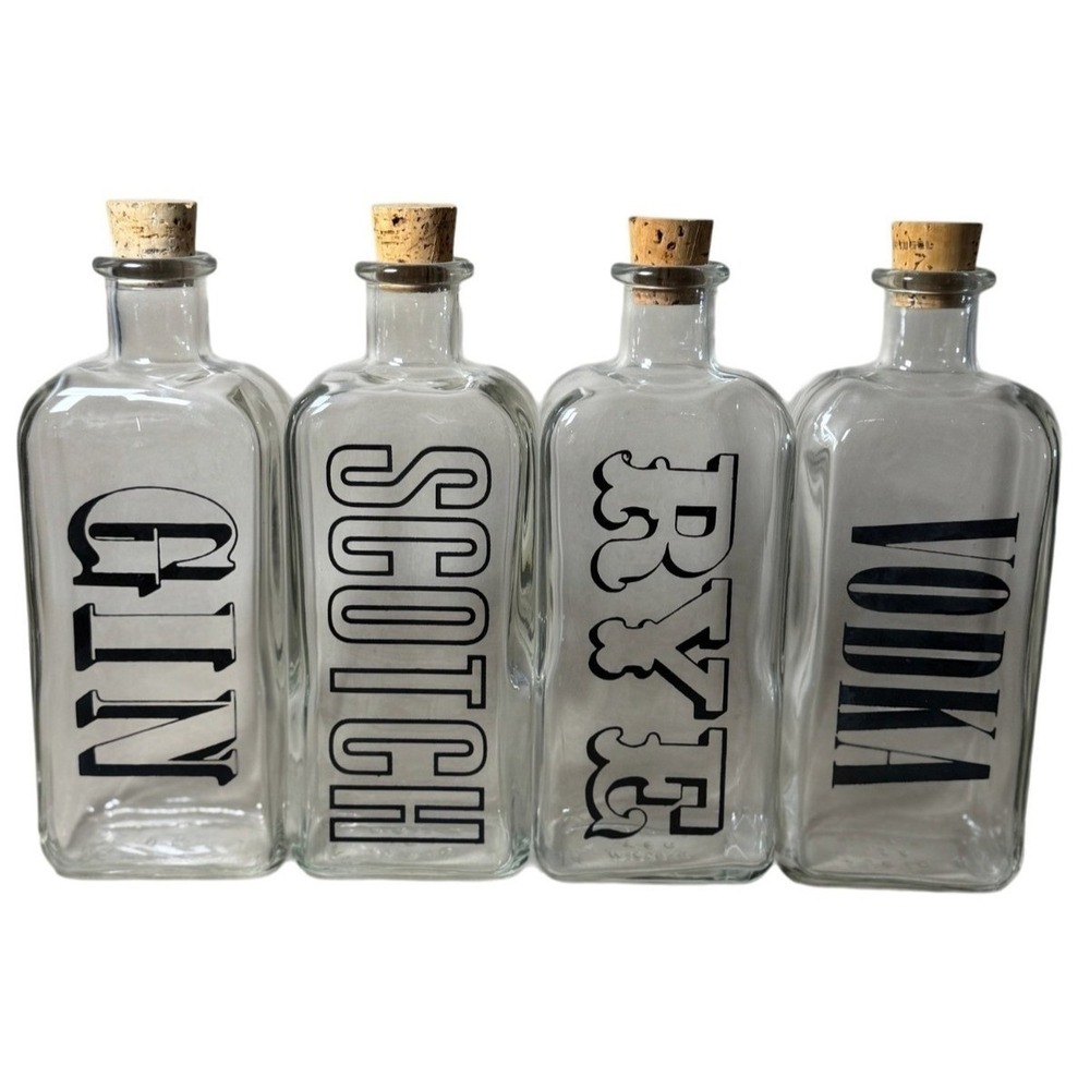 TCW Wheaton Clear Glass Vintage Liquor Decanter Set of 4 Gin Vodka Rye Scotch